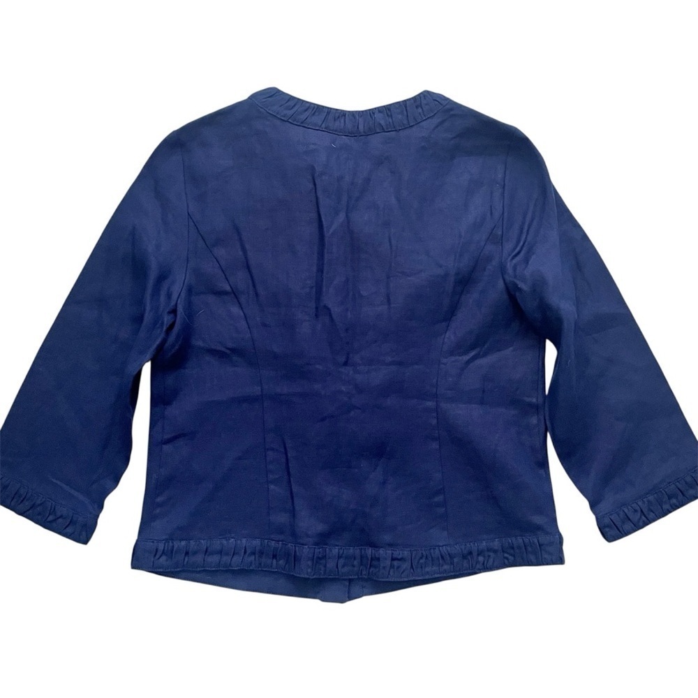 Chicos 100% Linen Ruffled Jacket Navy Blue Snap Front Feminine Natural Fiber - Picture 7 of 7